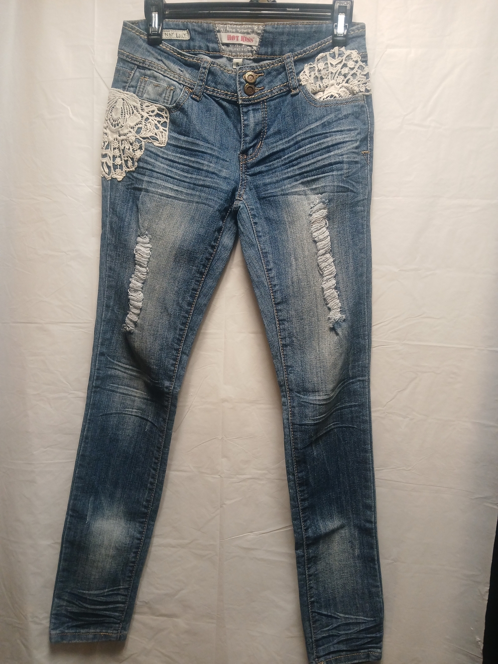 Hot Kiss Distressed Blue Women’s Jeans with White Crochet Detail - Hot Kiss